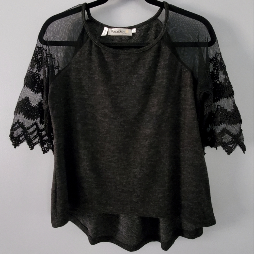Angelina Fashion Black Sheer Lace Sleeve Hi-low Top Size S